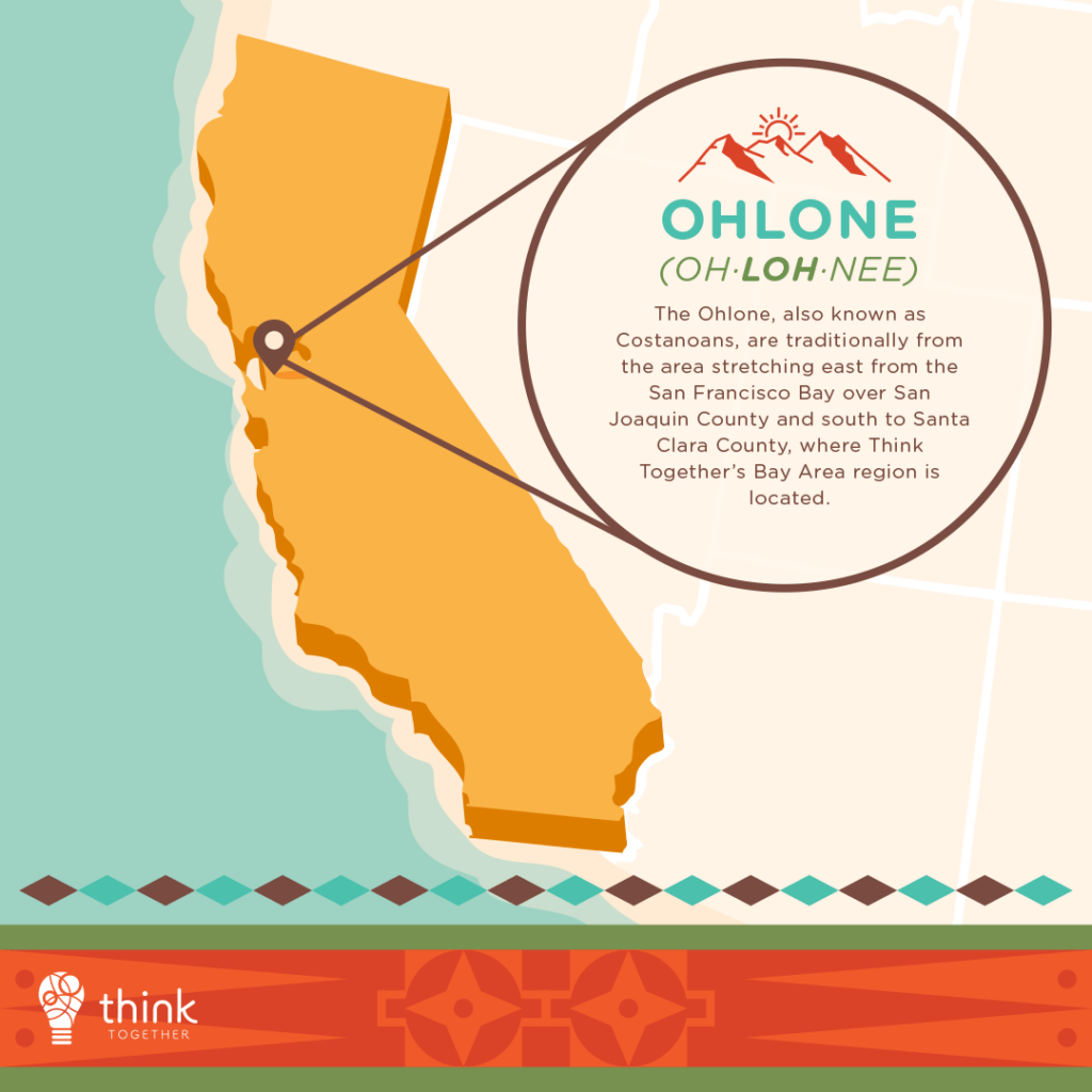 Ohlone (Oh·loh·nee)
The Ohlone, also known as Costanoans, are traditionally from the area stretching east from the San Francisco Bay over San Joaquin County and south to Santa Clara County, where Think Together’s Bay Area region is located.