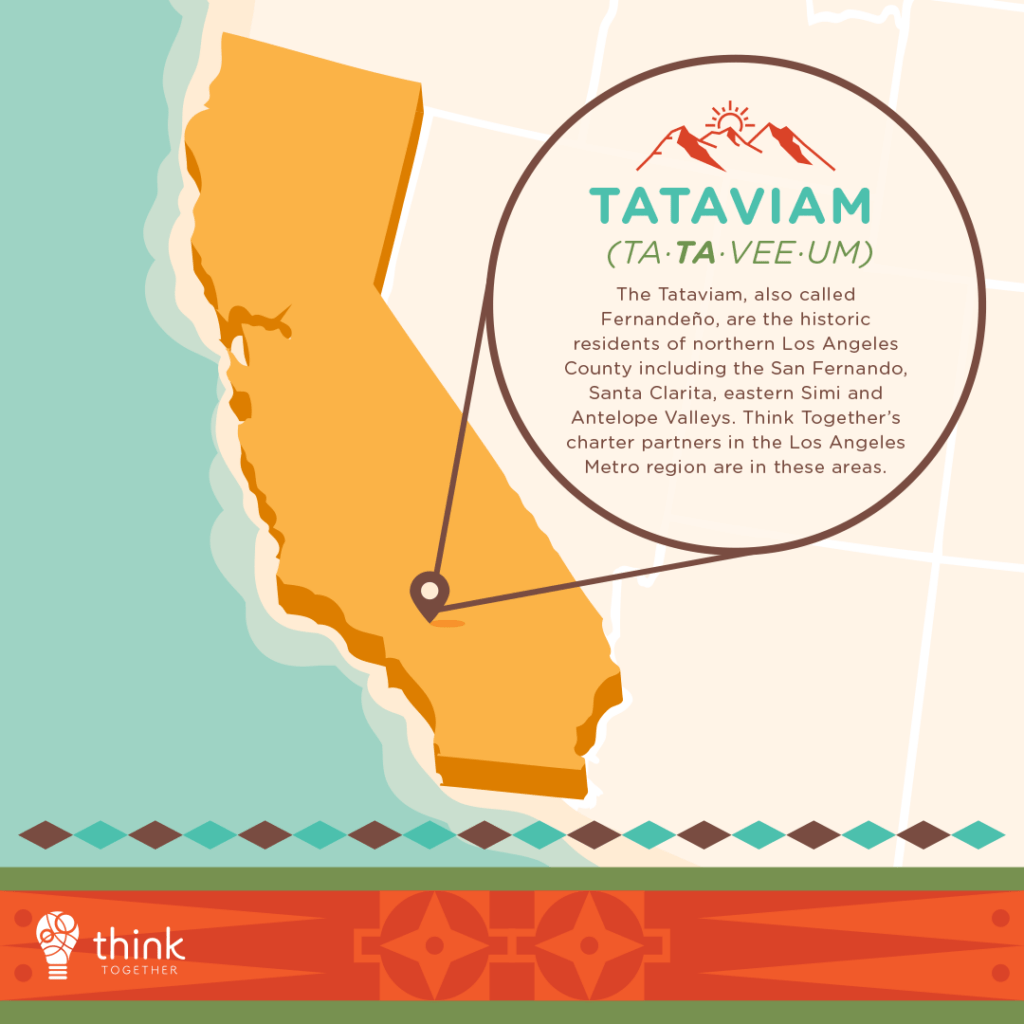 Tataviam (Ta·ta·vee·um)
The Tataviam, also called Fernandeño, are the historic residents of northern Los Angeles County including the San Fernando, Santa Clarita, eastern Simi and Antelope Valleys. Think Together’s charter partners in the Los Angeles metro region are in these areas.