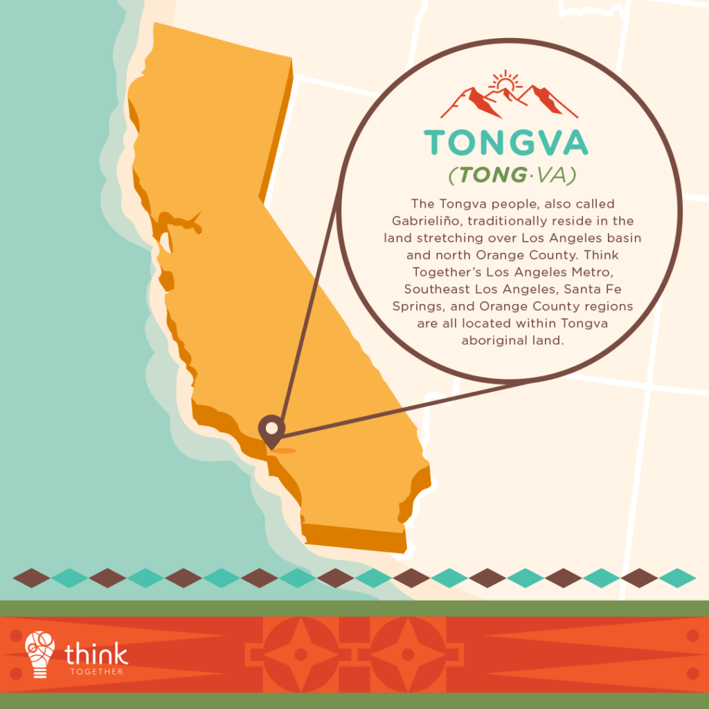 Tongva (Tong·va)
The Tongva people, also called Gabrieliño, traditionally reside in the land stretching over Los Angeles basin and north Orange County. Think Together’s Los Angeles Metro, Southeast Los Angeles, Santa Fe Springs, and Orange County regions are all located within Tongva aboriginal land.