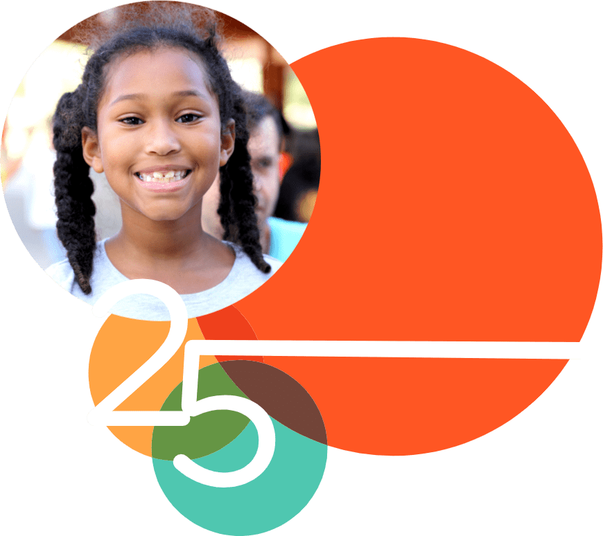three circles overlayed by number 25 text and image of young girl